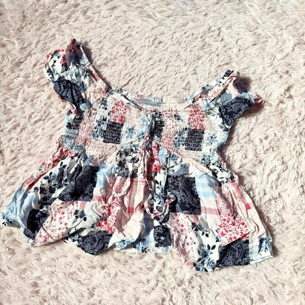 Patchwork Peasant Bandana Western Country Southern Milkmaid Crop Top Womens‎ M